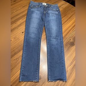 PAIGE- Med/Dark Wash Skyline Skinny Jean with Raw Hem Sz 27